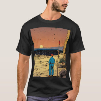 砂漠の夕日の中の孤独な旅人アート Tシャツ