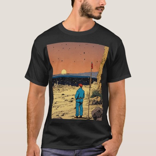 砂漠の夕日の中の孤独な旅人アート Tシャツ (正面)