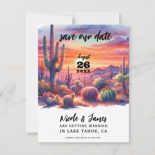 砂漠の夕日の光水色日付を保存 招待状 (正面)