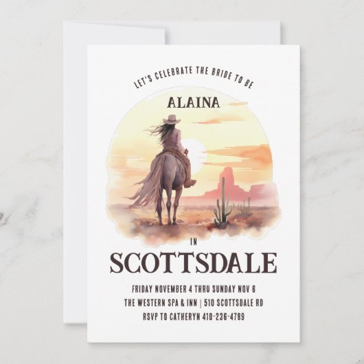 砂漠の夕日 ウォーターカラー 花嫁になる前の バチェロレッテパーティー 招待状 (正面)