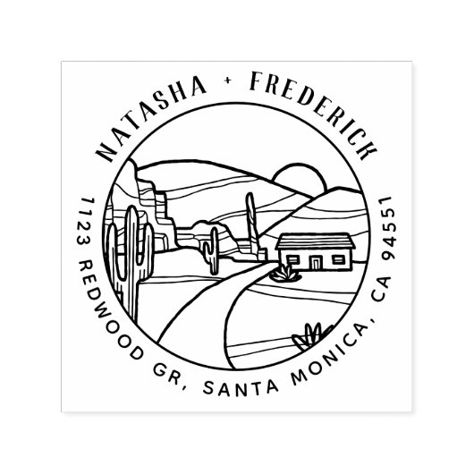 砂漠の夕日 |サボテン素朴ラウンド差出人住所 セルフインキングスタンプ (デザイン)