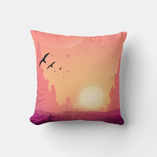 砂漠の夕焼けシーンと鳥 – 自然風景 クッション (正面)