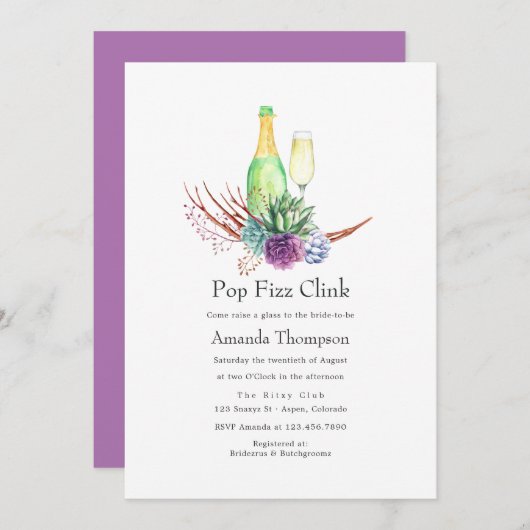 砂漠の多肉株ポップ・アートのフィズザニンクブライダルシャワー 招待状 (正面/裏面)