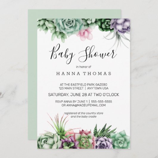 砂漠の多肉質のベビーシャワー 招待状 (正面/裏面)