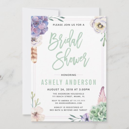 砂漠の多肉質ボホブライダルシャワーの招待 招待状 (正面)