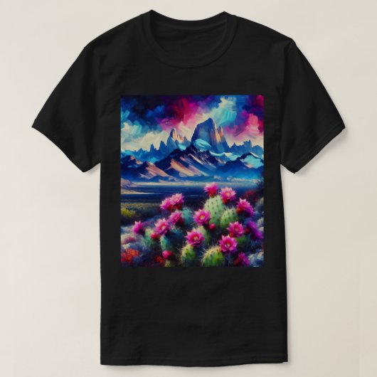砂漠の山に咲くサボテンのユニセックス Tシャツ (デザイン正面)