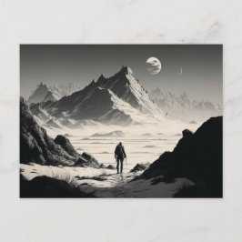 砂漠の山の中の白黒の孤独なハイカー ポストカード