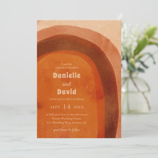 砂漠の焼けオレンジのアーチBohoすべて結婚の 招待状 (スタンド正面)