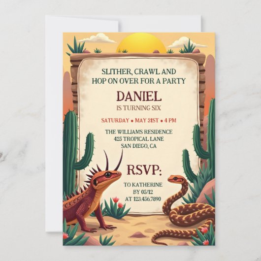 砂漠の爬虫類をテーマにした子供の誕生日パーティー 招待状 (正面)