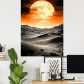 砂漠の砂丘の上に燃える月 – モノクロ ポスター (ホームオフィス)