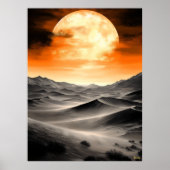 砂漠の砂丘の上に燃える月 – モノクロ ポスター (正面)