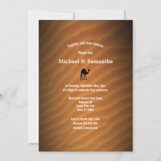 砂漠の砂赤いラクダのシルエット結婚ブラック 招待状 (正面)