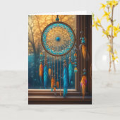 砂漠の窓のオレンジと青のドリームキャッチャー カード (黄色い花)