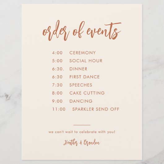 砂漠の結婚イベントの順序タイムラインカード (正面)