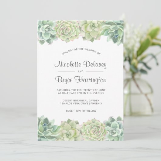 砂漠の緑の水の色の多肉類結婚の 招待状 (スタンド正面)