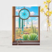 砂漠の背景を持つウィンドウのサンキャッチャー カード (黄色い花)