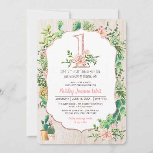 砂漠の花のグリッター1 -最初誕生日の招待状 招待状 (正面)