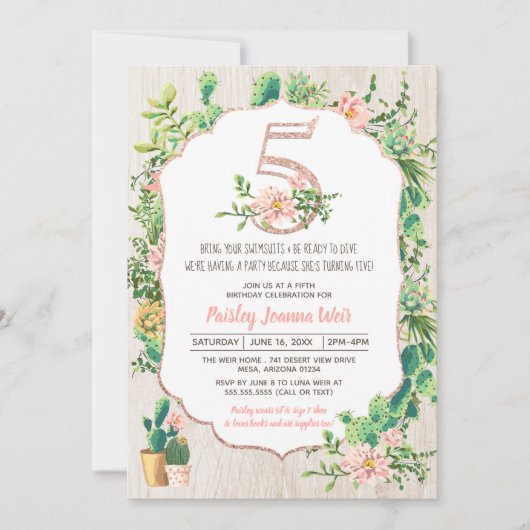砂漠の花のグリッター5の第5誕生日の招待状 招待状 (正面)