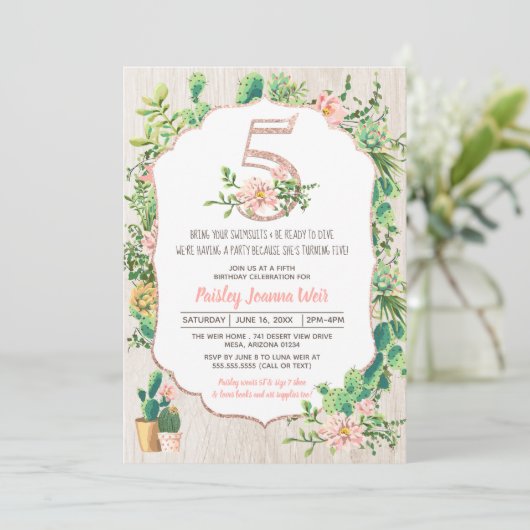 砂漠の花のグリッター5の第5誕生日の招待状 招待状 (スタンド正面)