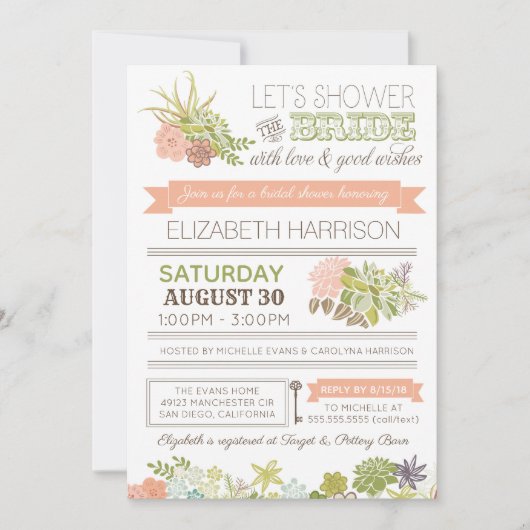 砂漠の花の多汁性ブライダルシャワーの招待 招待状 (正面)