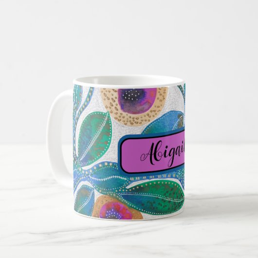 砂漠の花、抽象芸術の水色、あなたの名前 コーヒーマグカップ (正面左)