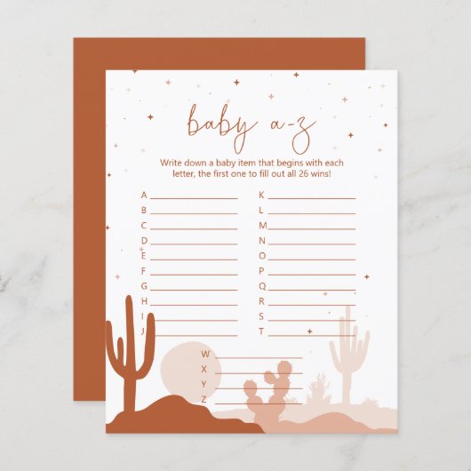 砂漠の赤ちゃんシャワーA-Zゲームカード (正面/裏面)