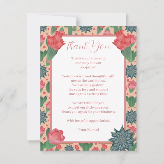 砂漠の赤面ピンクのフローラベビーシャワー サンキューカード (正面)