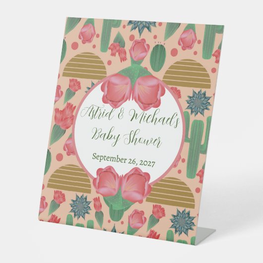 砂漠の赤面ピンクのフローラ赤ちゃんシャワー装飾 台座サイン (正面)