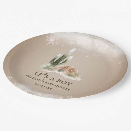 砂漠の雪サボテンの赤ちゃんシャワー ペーパープレート (アングル)