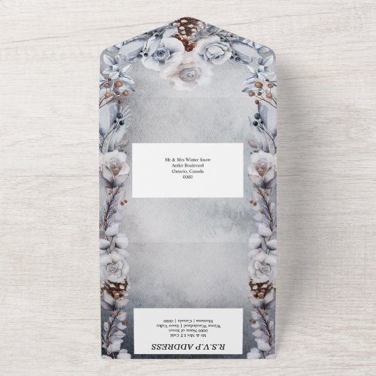 砂漠の青い灰色のフローラバラ松の冬だけ オールインワン招待状 (外側)
