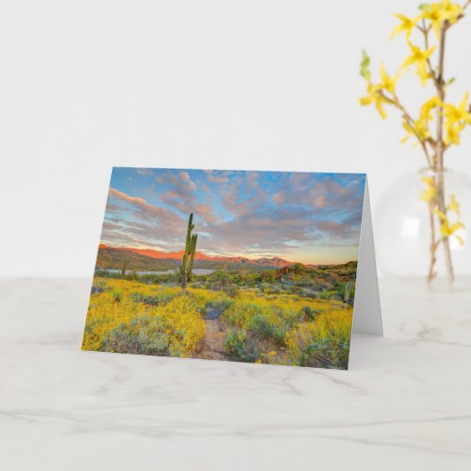 砂漠の風景に沈む夕日 カード (黄色い花)