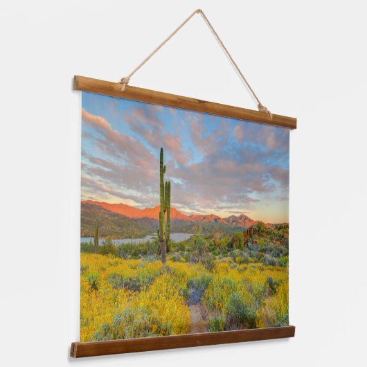 砂漠の風景に沈む夕日 吊り下げ型タペストリー (傾斜あり)