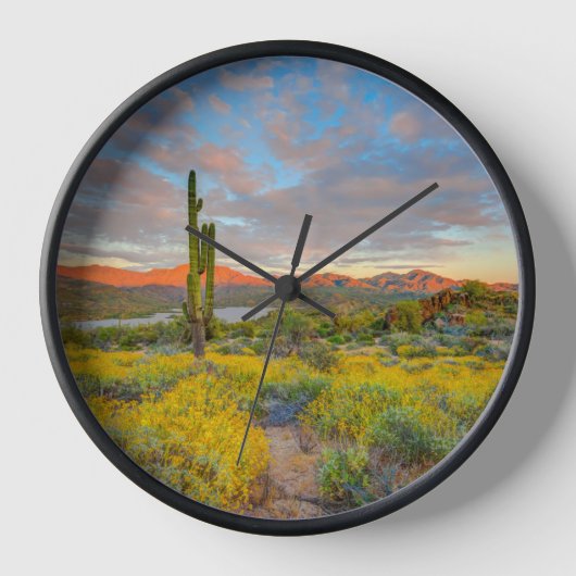 砂漠の風景に沈む夕日 壁時計 (正面)