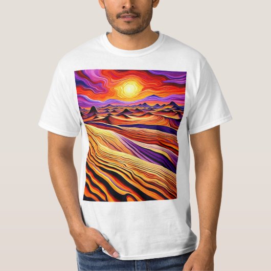 砂漠の風景の上の夕日1 Tシャツ (正面)