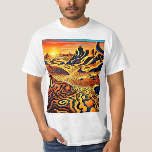 砂漠の風景の上の夕日6 Tシャツ (正面)