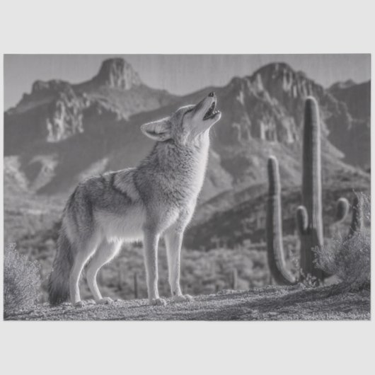 砂漠の風景の中でコーヨーテをハウリング 薄葉紙 (正面)