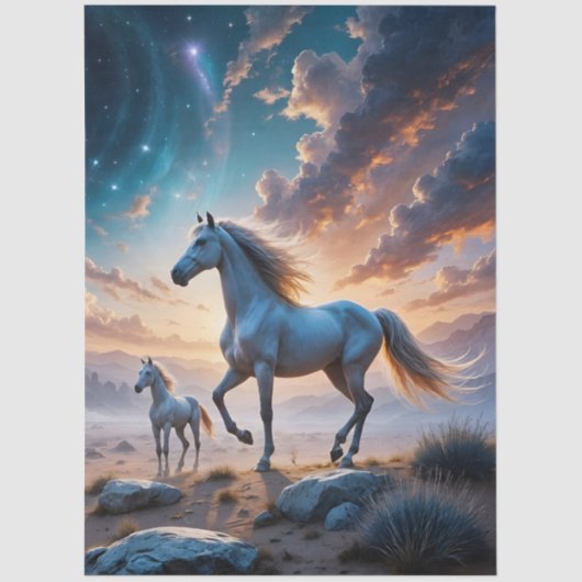 砂漠の風景の中で野生の馬の馬と馬 薄葉紙 (正面)