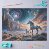 砂漠の風景の中で野生の馬の馬と馬 薄葉紙 (クラフト)