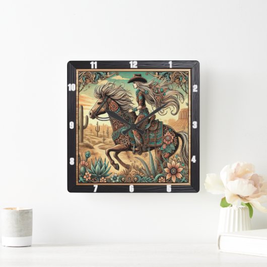 砂漠の風景を描く馬の美しいライダー スクエア壁時計 (ホーム)
