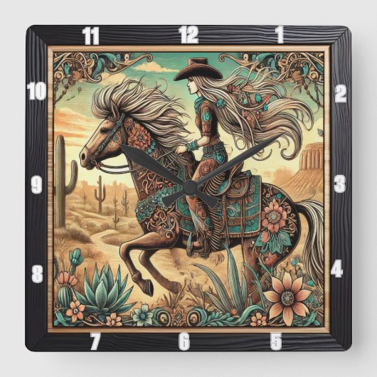 砂漠の風景を描く馬の美しいライダー スクエア壁時計 (正面)