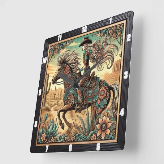 砂漠の風景を描く馬の美しいライダー スクエア壁時計 (傾斜)