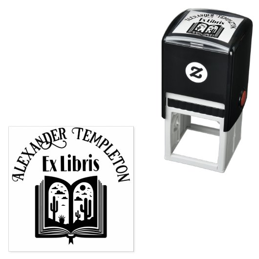 砂漠の風景ページ付きオープンブック"Ex Libris" セルフインキングスタンプ (インサイチュ)