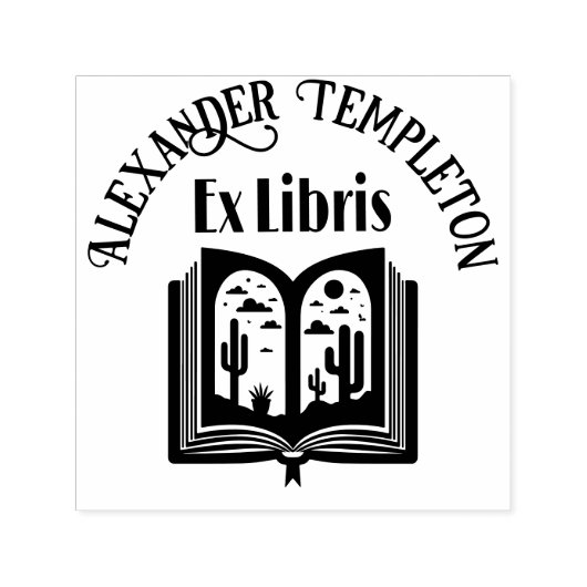 砂漠の風景ページ付きオープンブック"Ex Libris" セルフインキングスタンプ (デザイン)