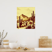 砂漠の風景、サボテン、日の出、ヴィンテージ ポスター (キッチン)