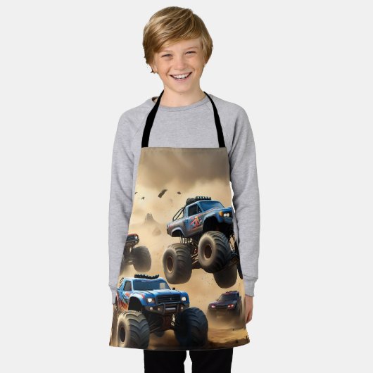 砂漠を走り回るモンスタートラック エプロン (着用した状態)