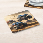 砂漠を走り回るモンスタートラック スクエアペーパーコースター (アングル)