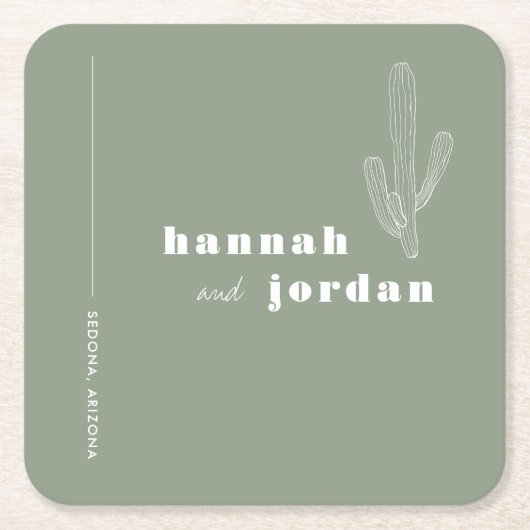 砂漠エレガント|サクタス·グリーン結婚ズ スクエアペーパーコースター (正面)