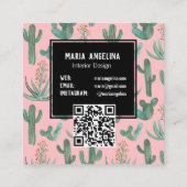 砂漠サボテンと多肉水色QRコードピンク スクエア名刺 (裏面)