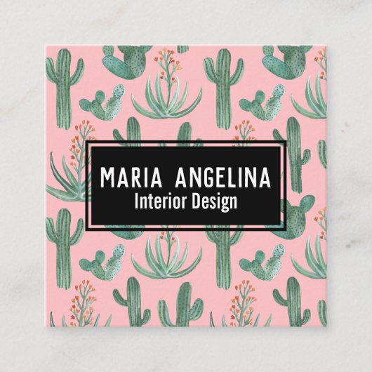 砂漠サボテンと多肉水色QRコードピンク スクエア名刺 (正面)