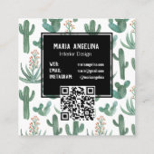 砂漠サボテンと多肉水色QRコード スクエア名刺 (裏面)